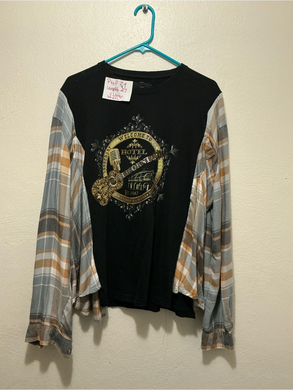Upcycled Hotel California Tee Women’s XL-XXL Plaid Flannel Sleeves Raw Hem